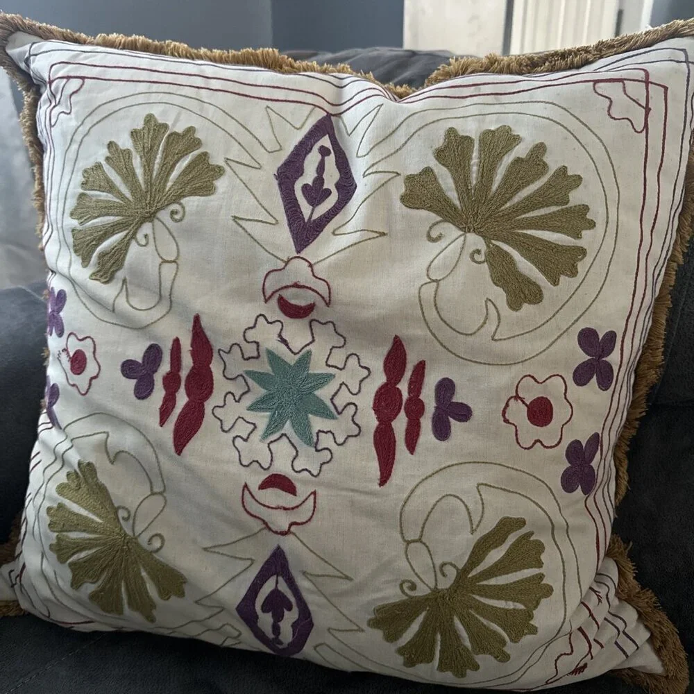 Vintage Hand Crafter Feather Filled Embroidered Pillow 25”x25” Boho Cottagecore